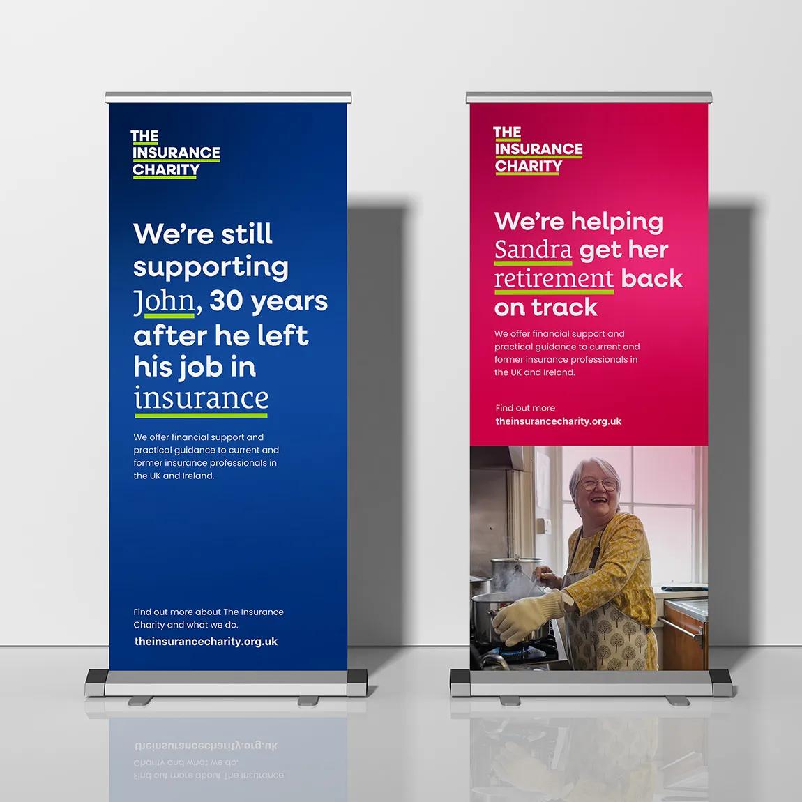 Two banners showing the support that The insurance charity provides