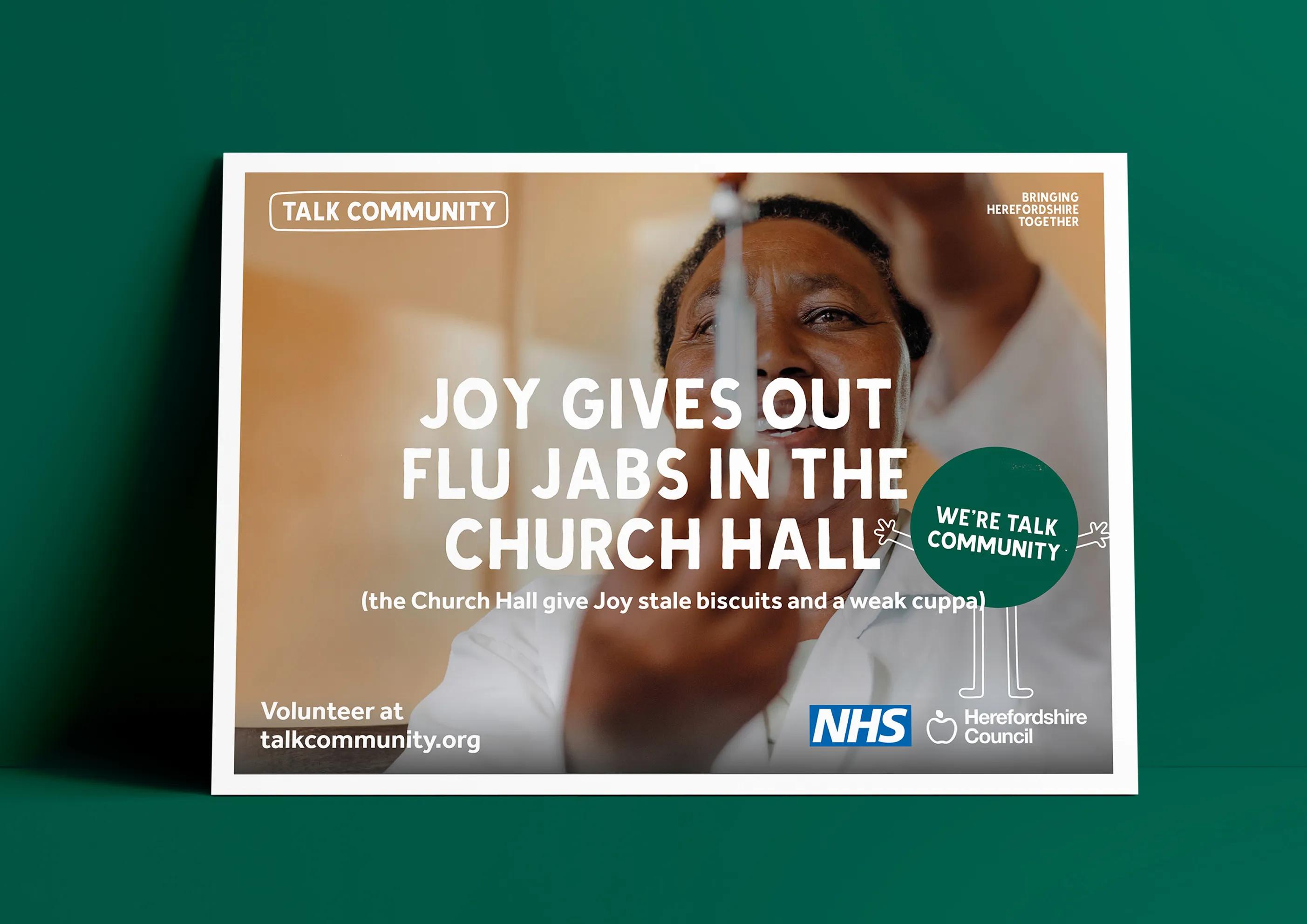 Postcard with the caption 'Joy gives out fly jabs in the church hall'