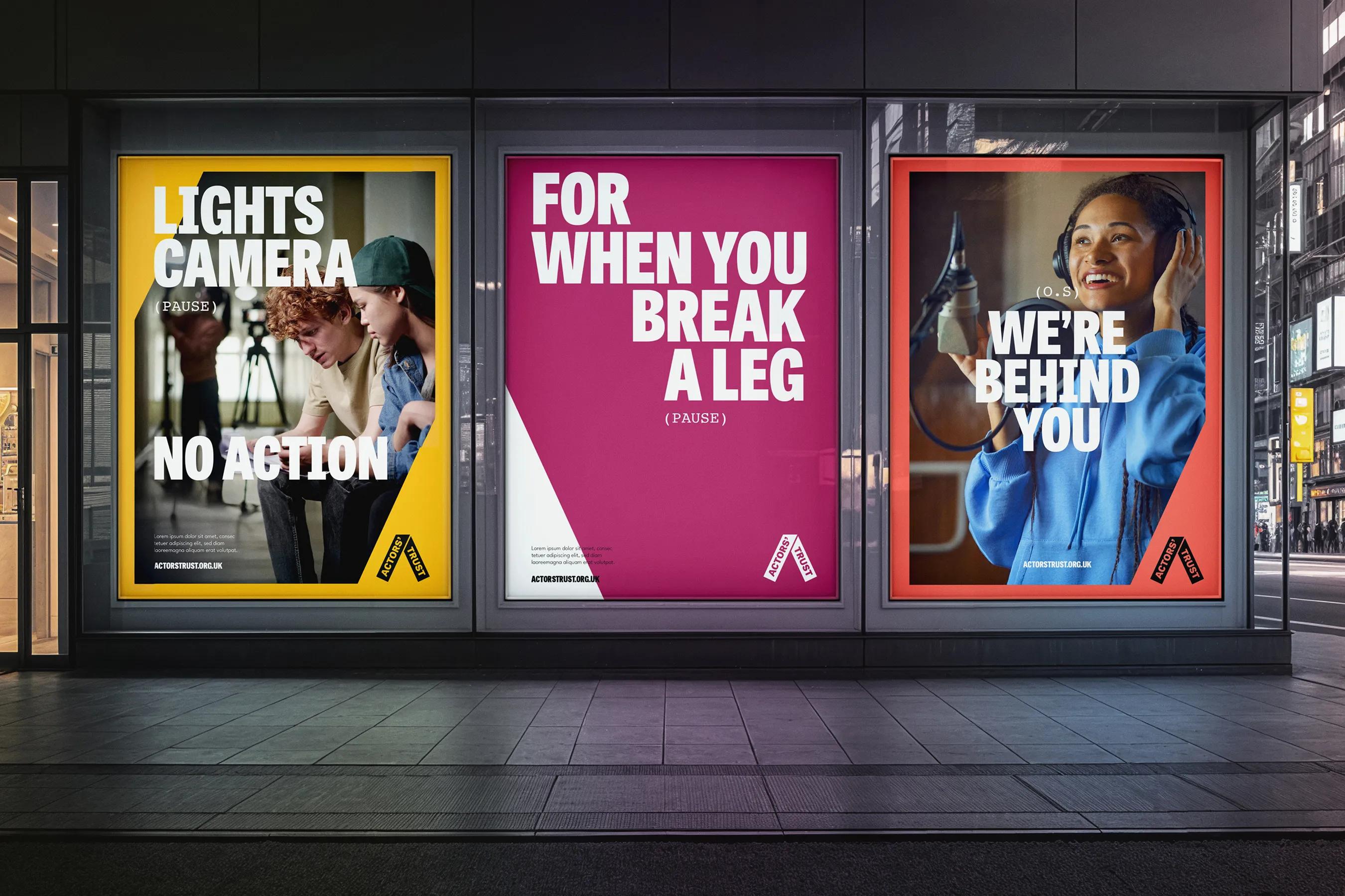 Three posters showing the work that Actors' Trust does
