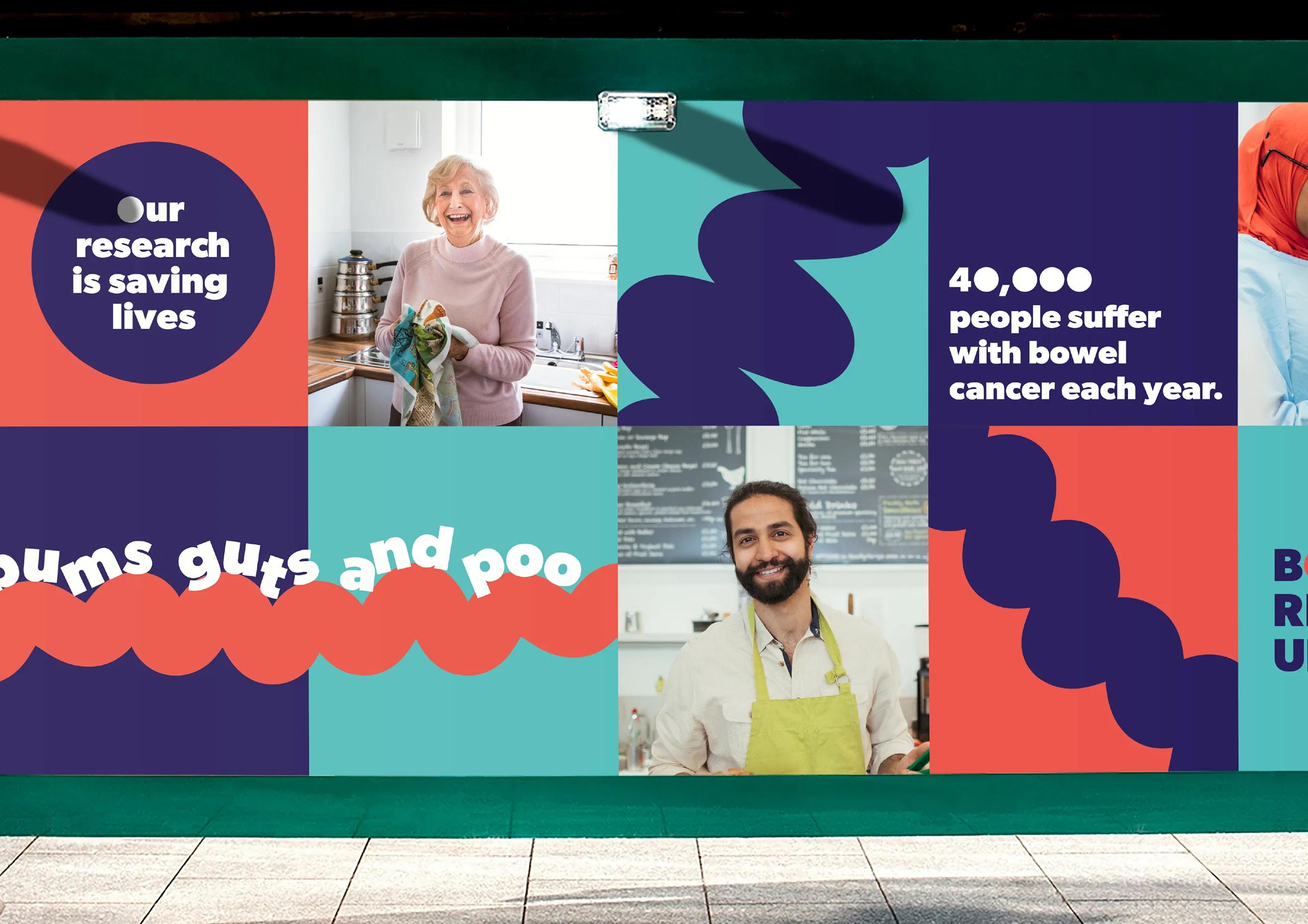 Urban billboard with statistics, graphics, text and photographs for bowel research UK