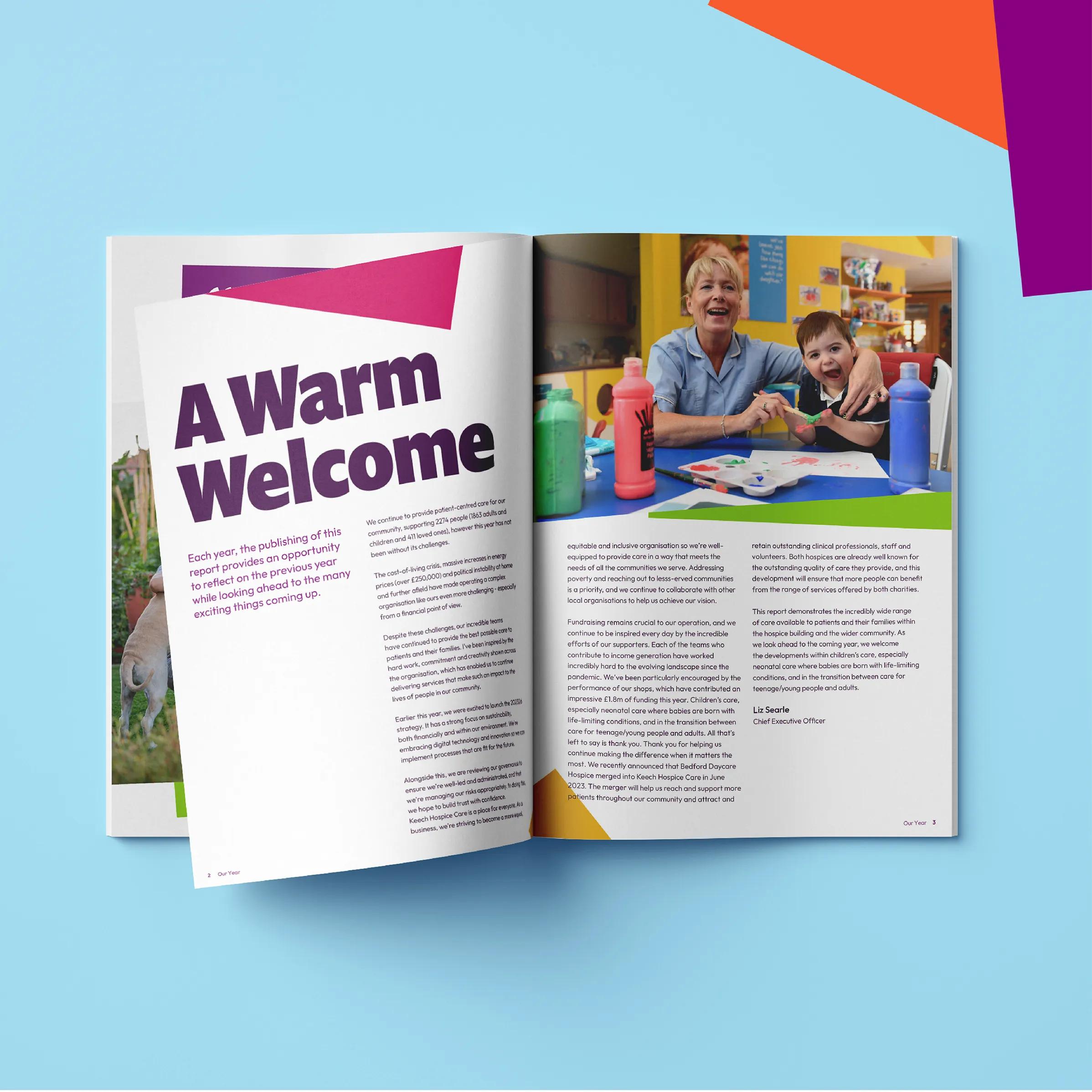 Editorial spread for their annual report with a welcoming paragraph from the CEO