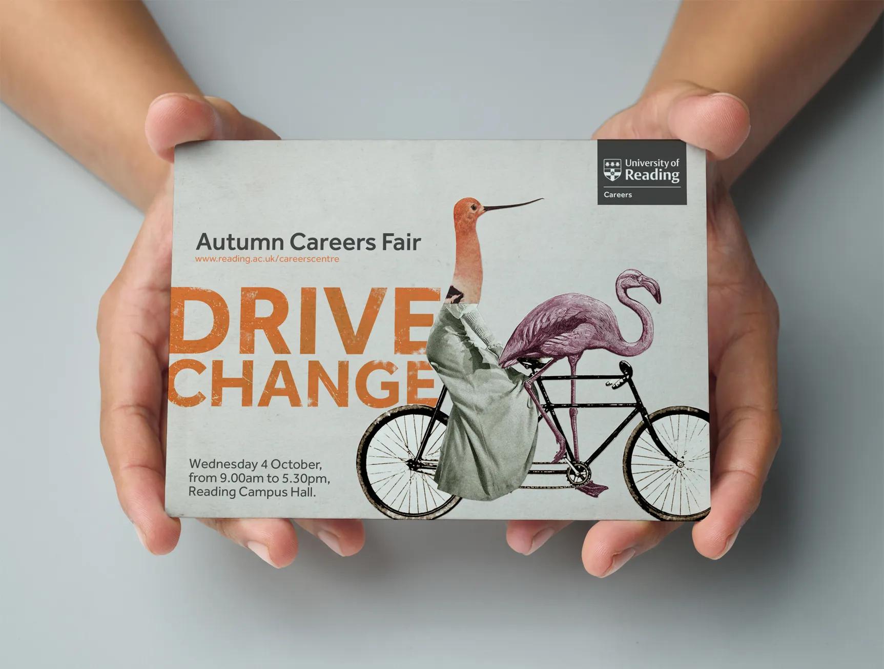 Postcard with a collage and text saying 'drive change'