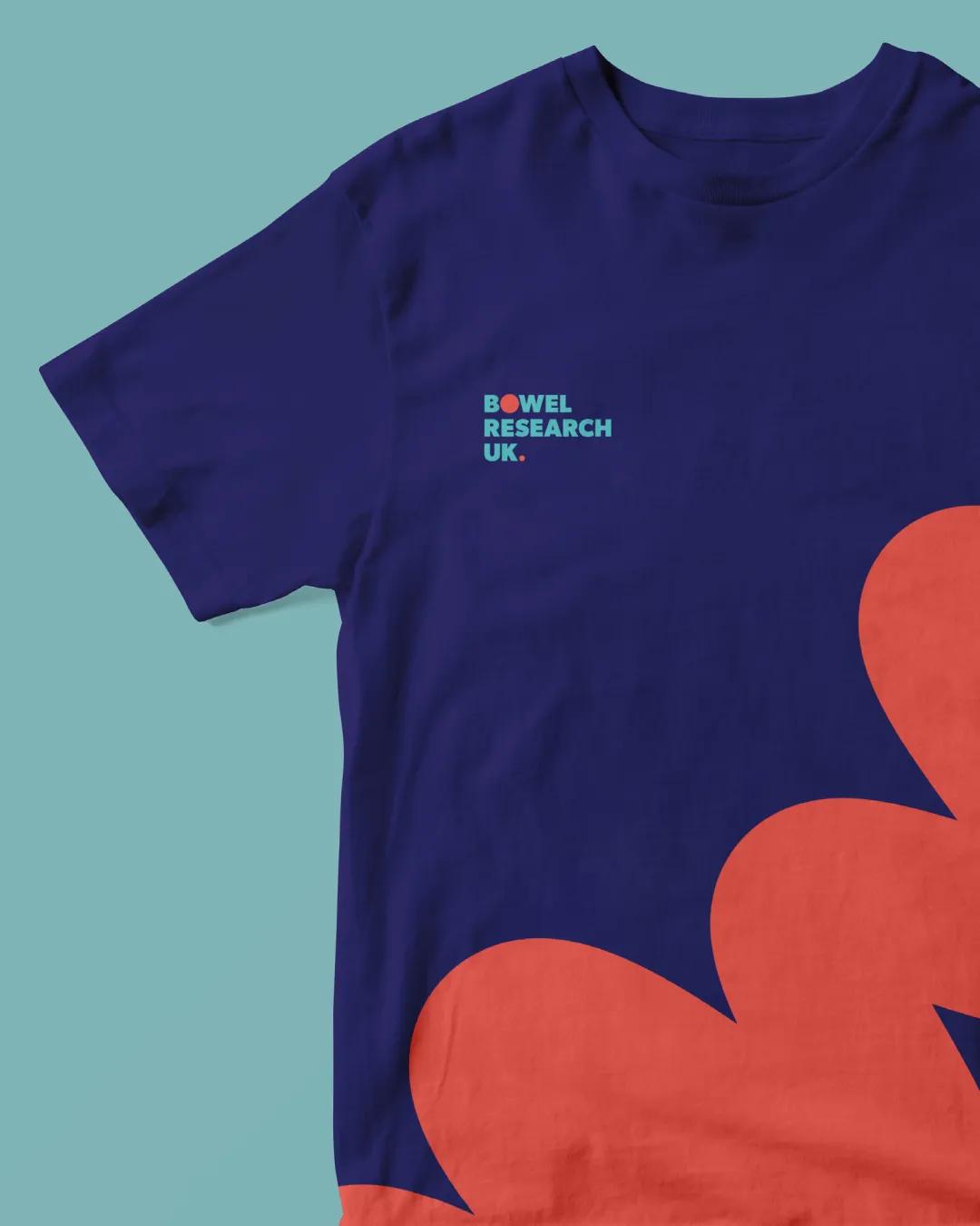 T-shirt for bowel research uk with the logo on the top left