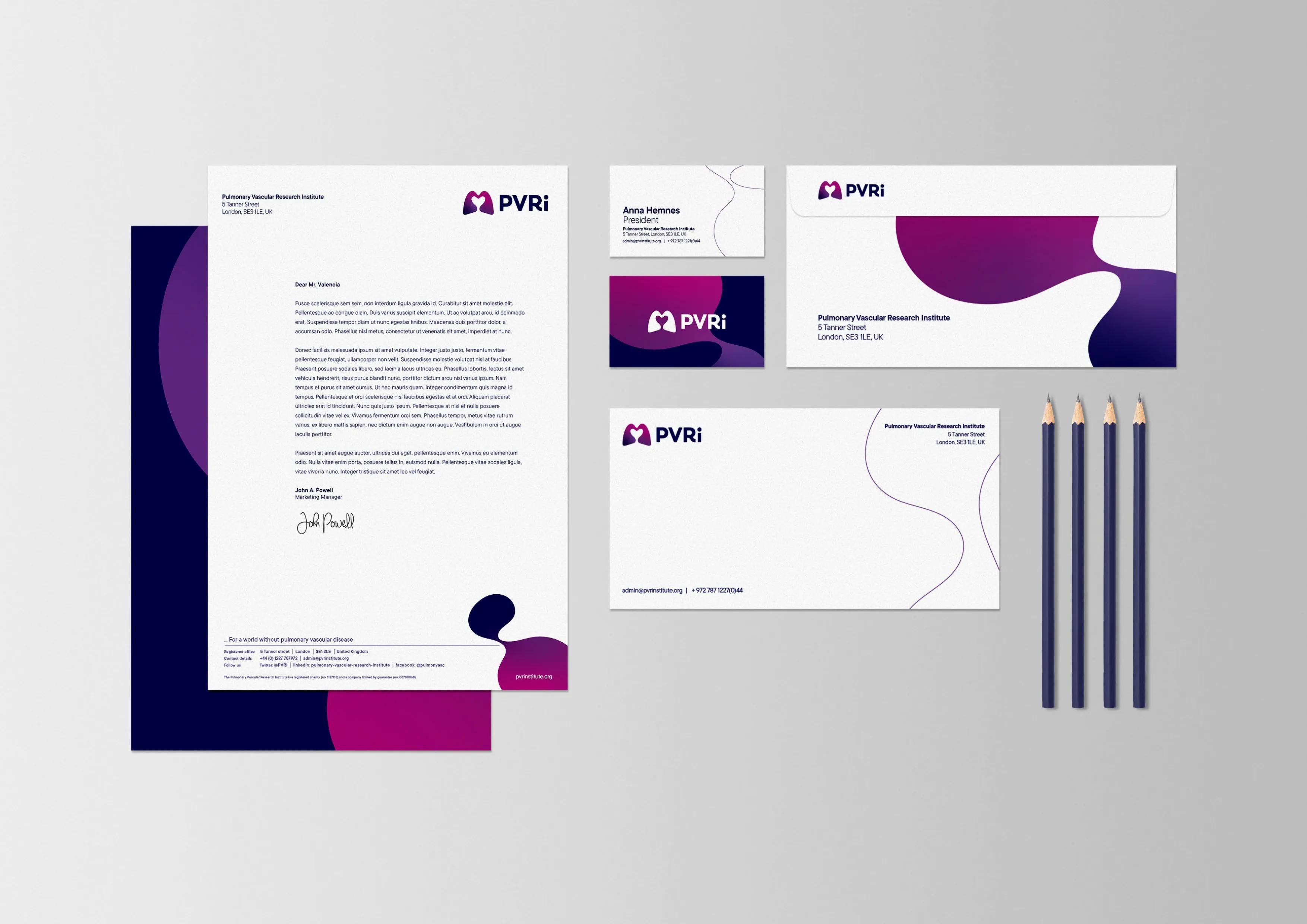 PVRI stationary with letterheads, envelopes and business cards