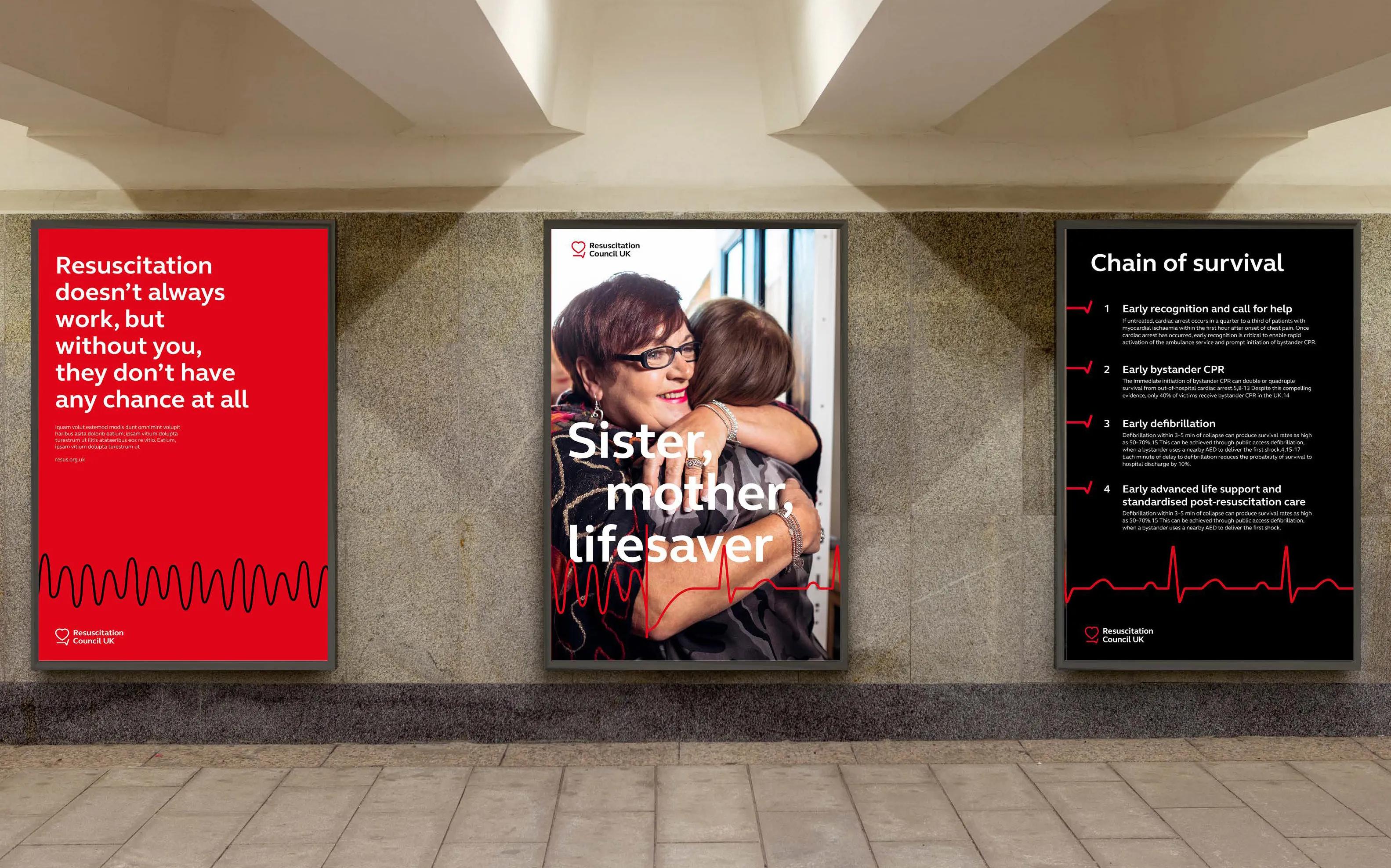 three posters for resuscitation council uk displayed at an underground station