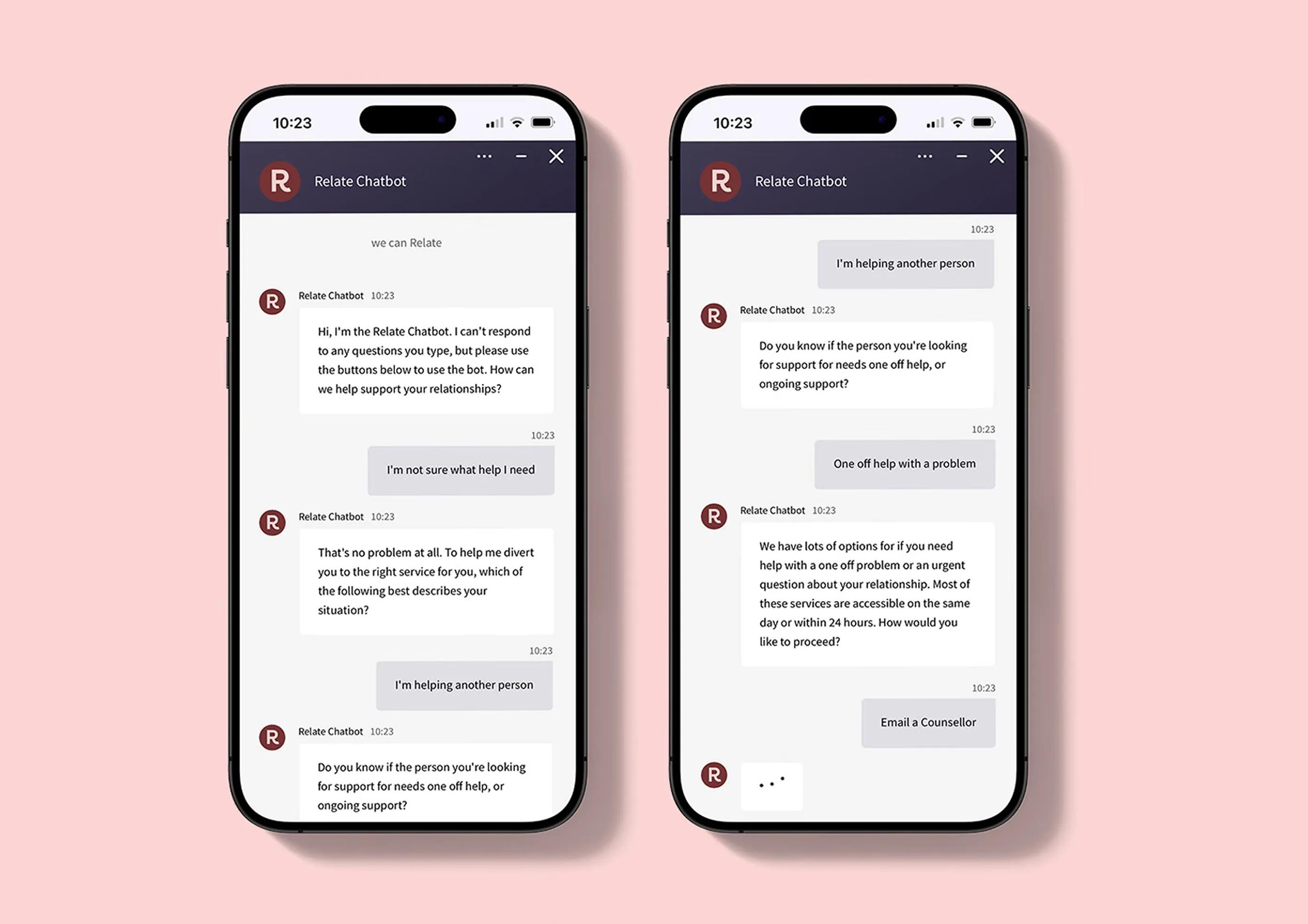 Two phones showing the chat bot