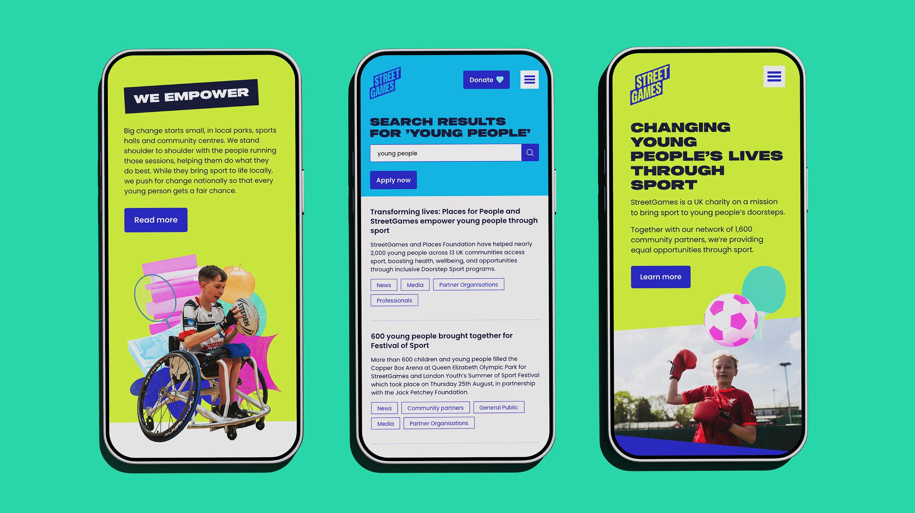 Set of three phones with the streetgames website on