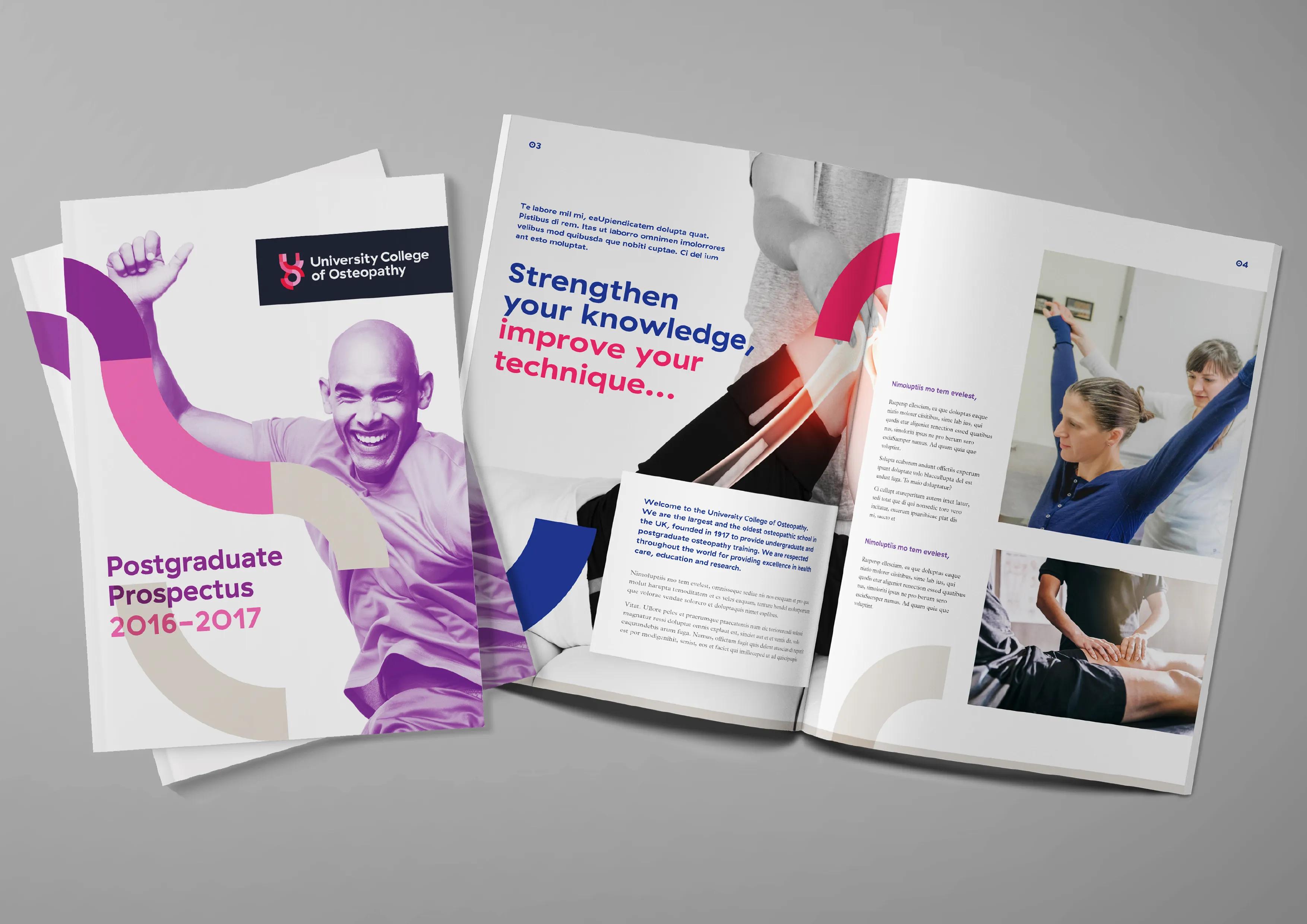 Postgraduate prospectus front cover and inside spread
