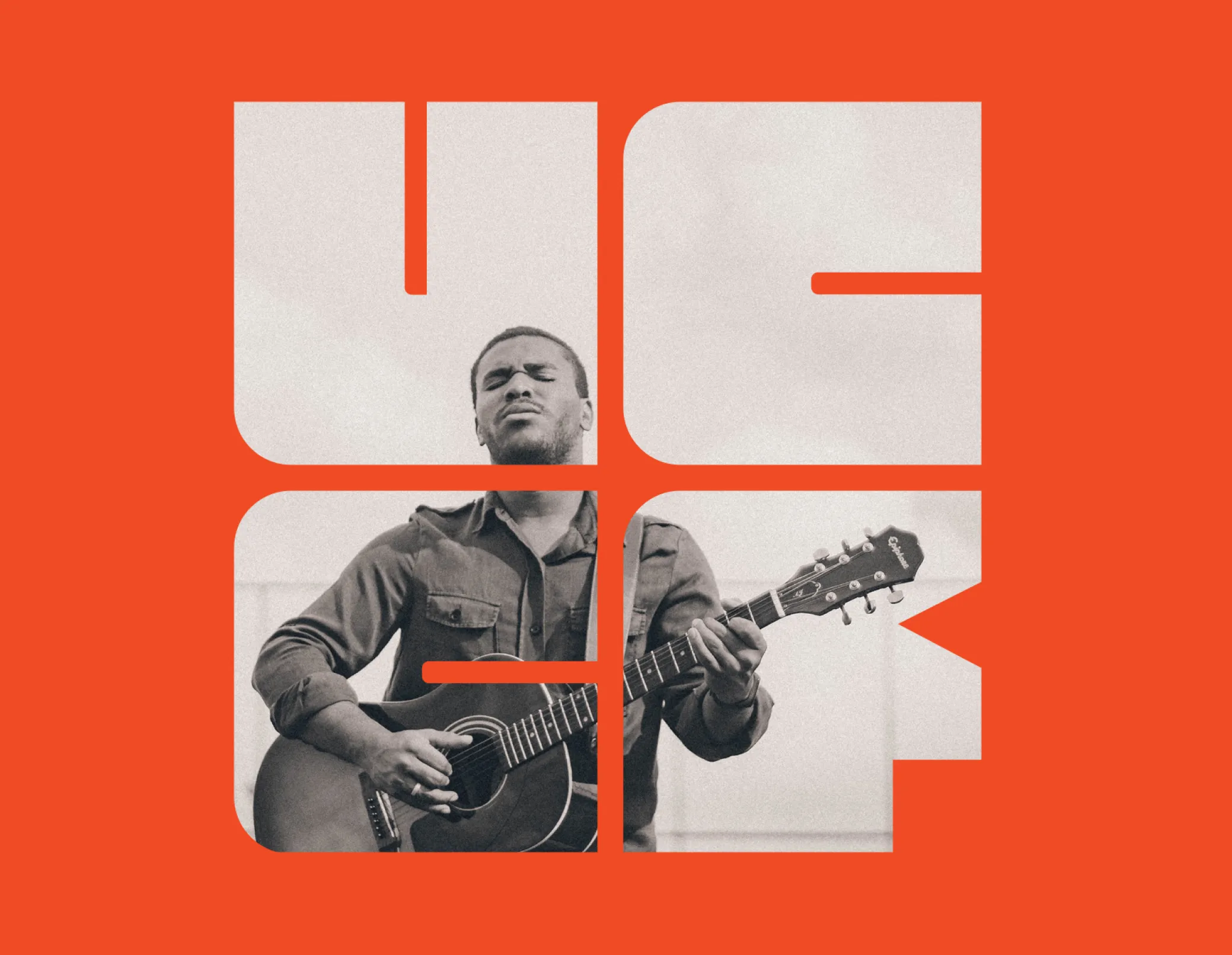 cutout of the UCCF logo with a man playing the guitar behind